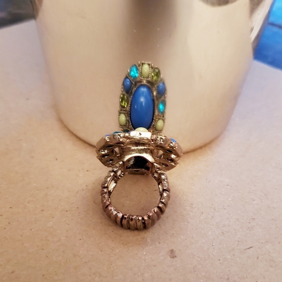 Blues Greens & Gold Circle Square Oval Stretch Fashion Ring - Picture 2 of 4